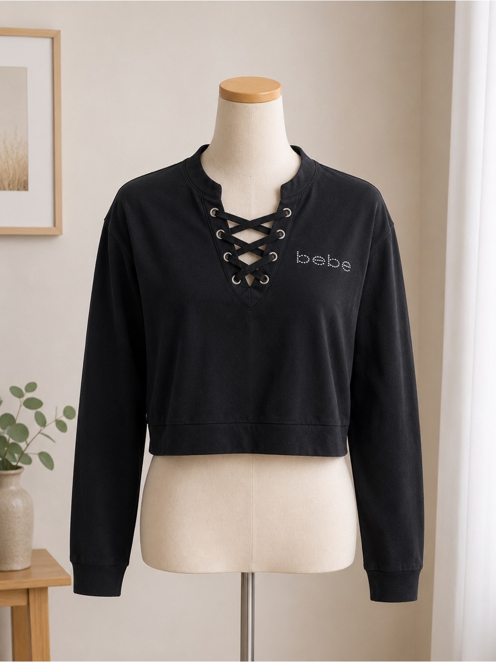 Bebe Black Lace-Up Crop Top Size Small Y2K Bling